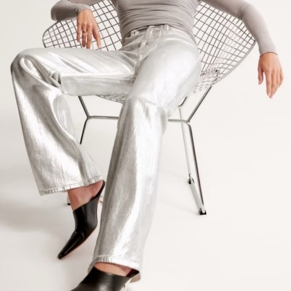 WAYF Nordstrom Silver Metallic Faux Leather High Rise Wide Leg Pants S - Picture 1 of 9